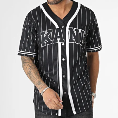  Karl Kani Serif Pinstripe Baseball Shirt Black/White - Nero - Maglietta a maniche corte